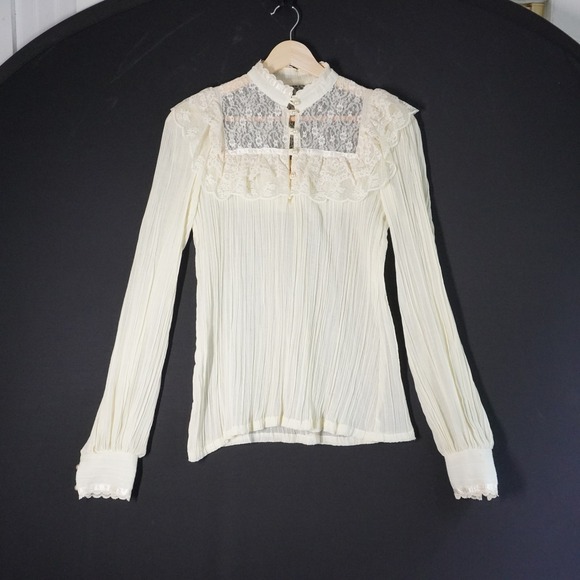 VTG Jessicas Gunnies‎ Sax Lace Victorian Blouse Ruffle High Neck Long Sleeve